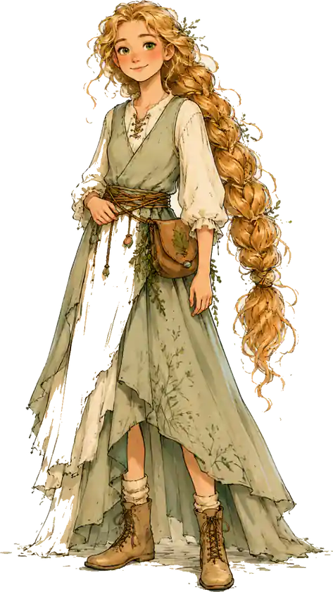 Anna (Meaning), full length: a long blond braid, a green dress and a leather pouch at her waist.