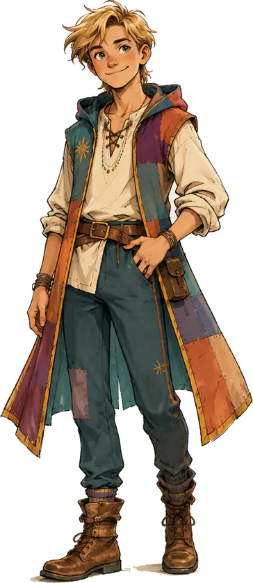 Luka (Possibility), full length: blond hair, a patchwork coat, a scarf and boots.