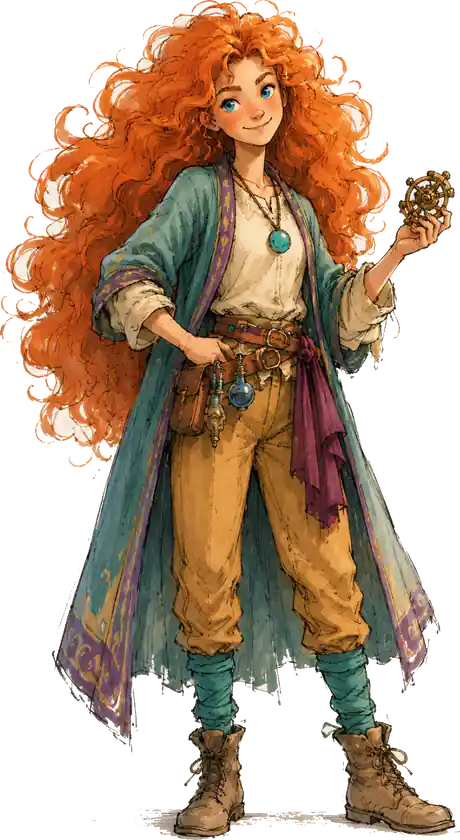 Mira (Perspective), full length: wild red hair, a green coat and a small object in her outstretched hand.