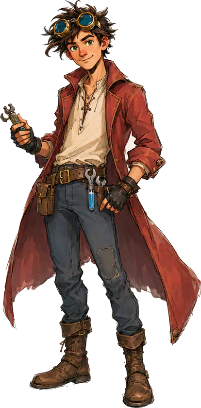 Nikola (Connection), full length: goggles pushed up on his forehead, a red coat and a spanner in his hand.