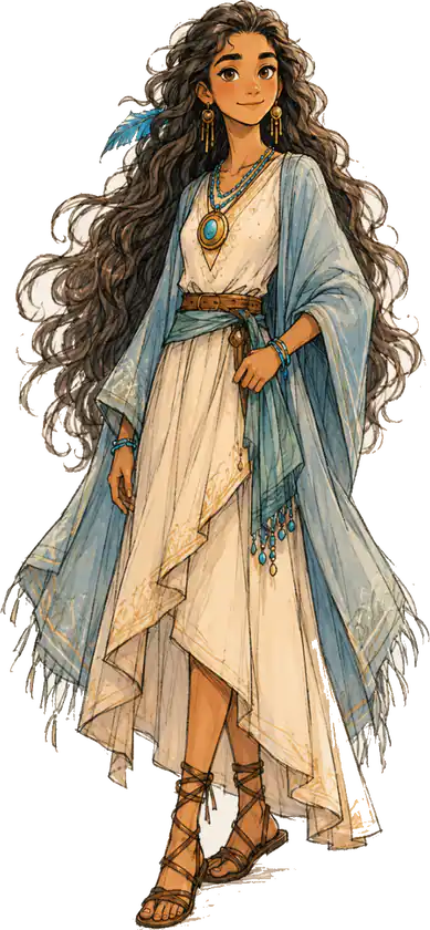 Siana (Hope), full length: long dark curly hair with a blue feather, a white dress and a blue cloak, a necklace with a turquoise stone.