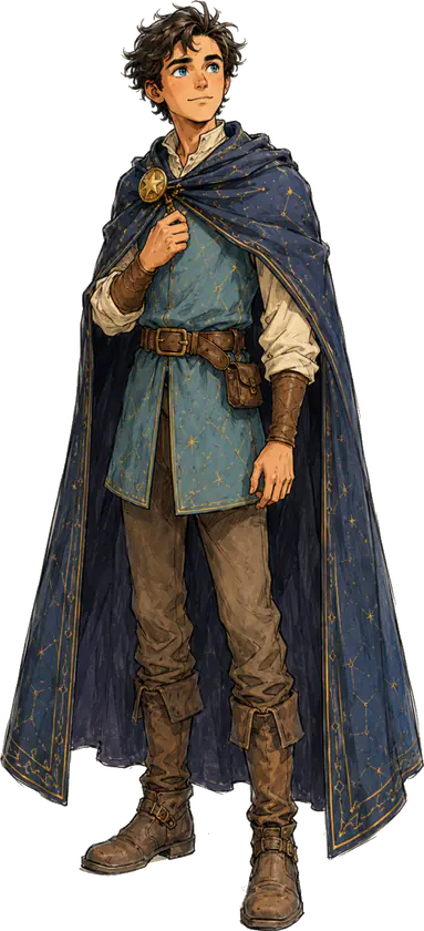 Stefan (Clarity), full length: dark tousled hair, a long blue cloak with stars, a leather belt with pouches and tall boots.