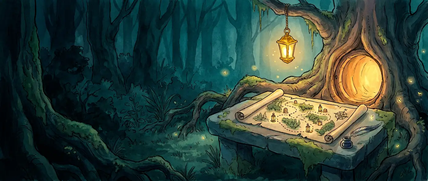 An unrolled scroll with a map of a path through the forest, on a stone table under a lantern, among the roots of the Tree of Knowledge at night.