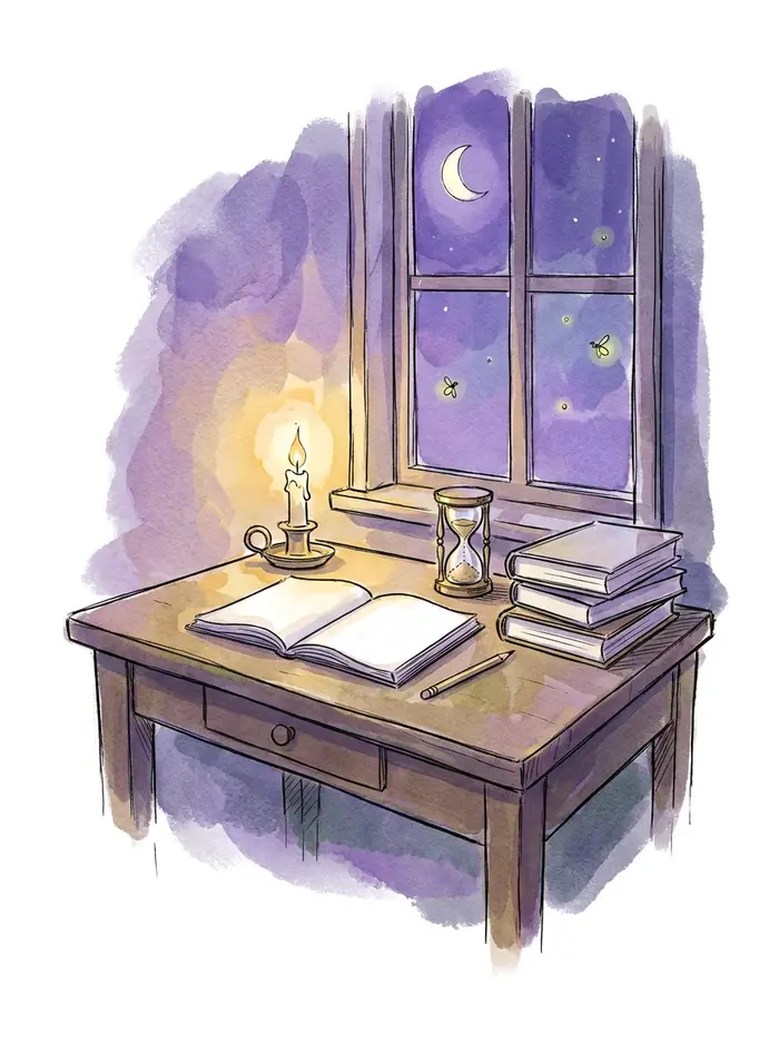 A pupil's desk at night: an open notebook, textbooks, an hourglass and a candle, with a moon and fireflies outside the window.