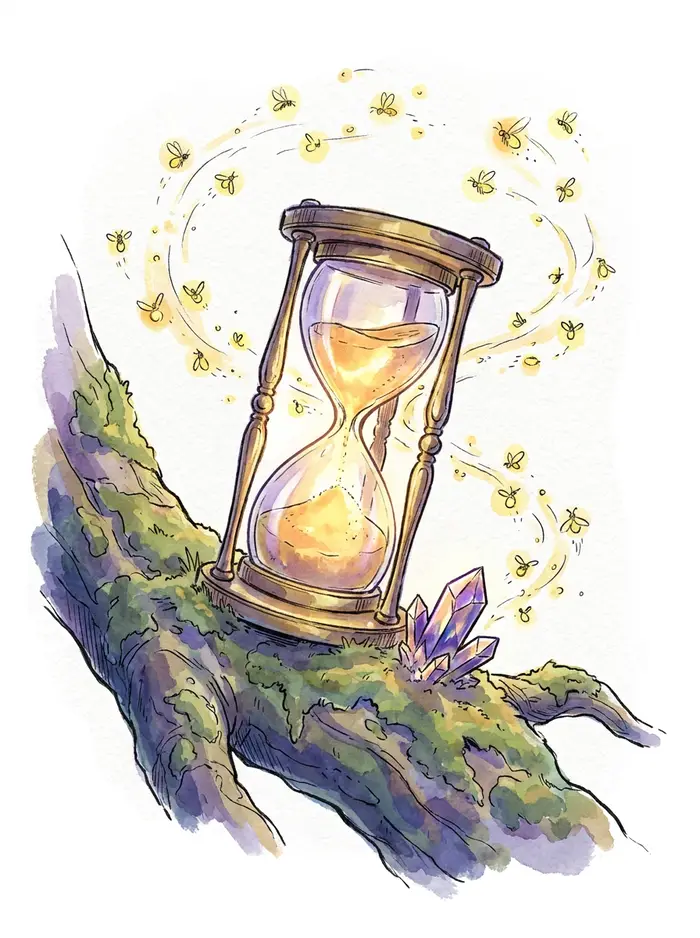 An hourglass on a mossy branch, with fireflies circling it.