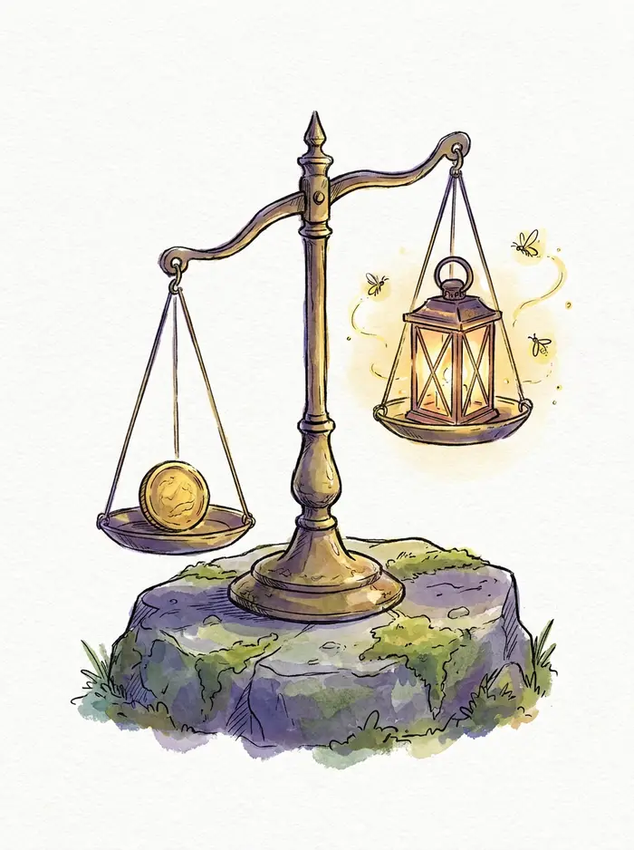 A pair of scales on a mossy stone: a coin on one pan, a lantern on the other.