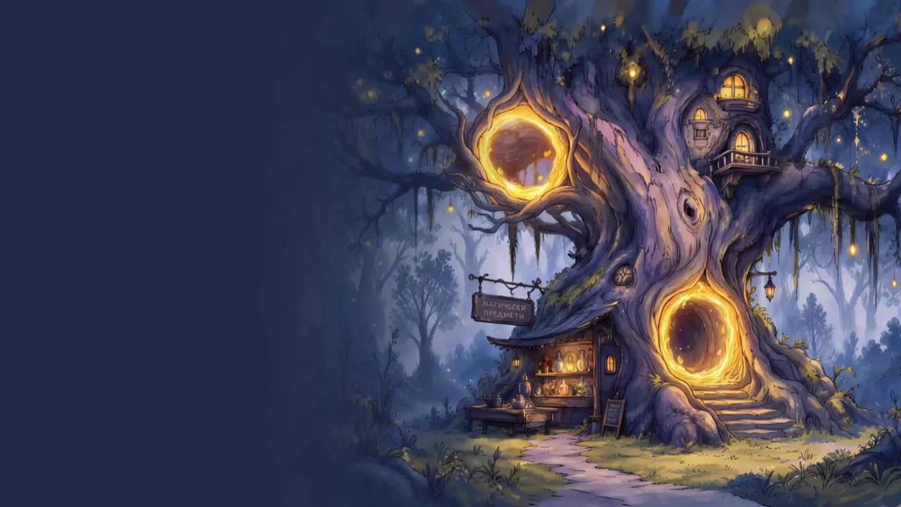 The Tree of Knowledge at night: glowing portals in the trunk, small houses in the branches and a lit door among the roots.